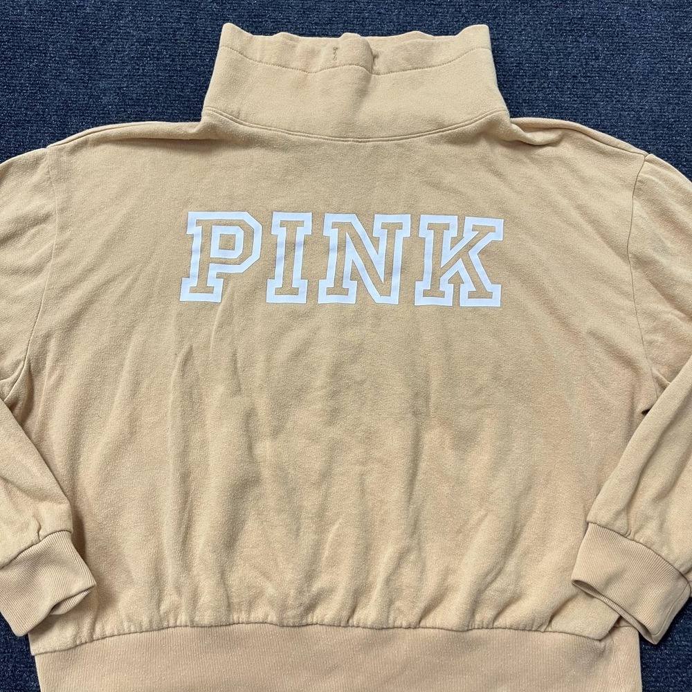 Pink Victoria's Secret Sweatshirt Womens Small Tan Mock Neck Pullover‎ Logo